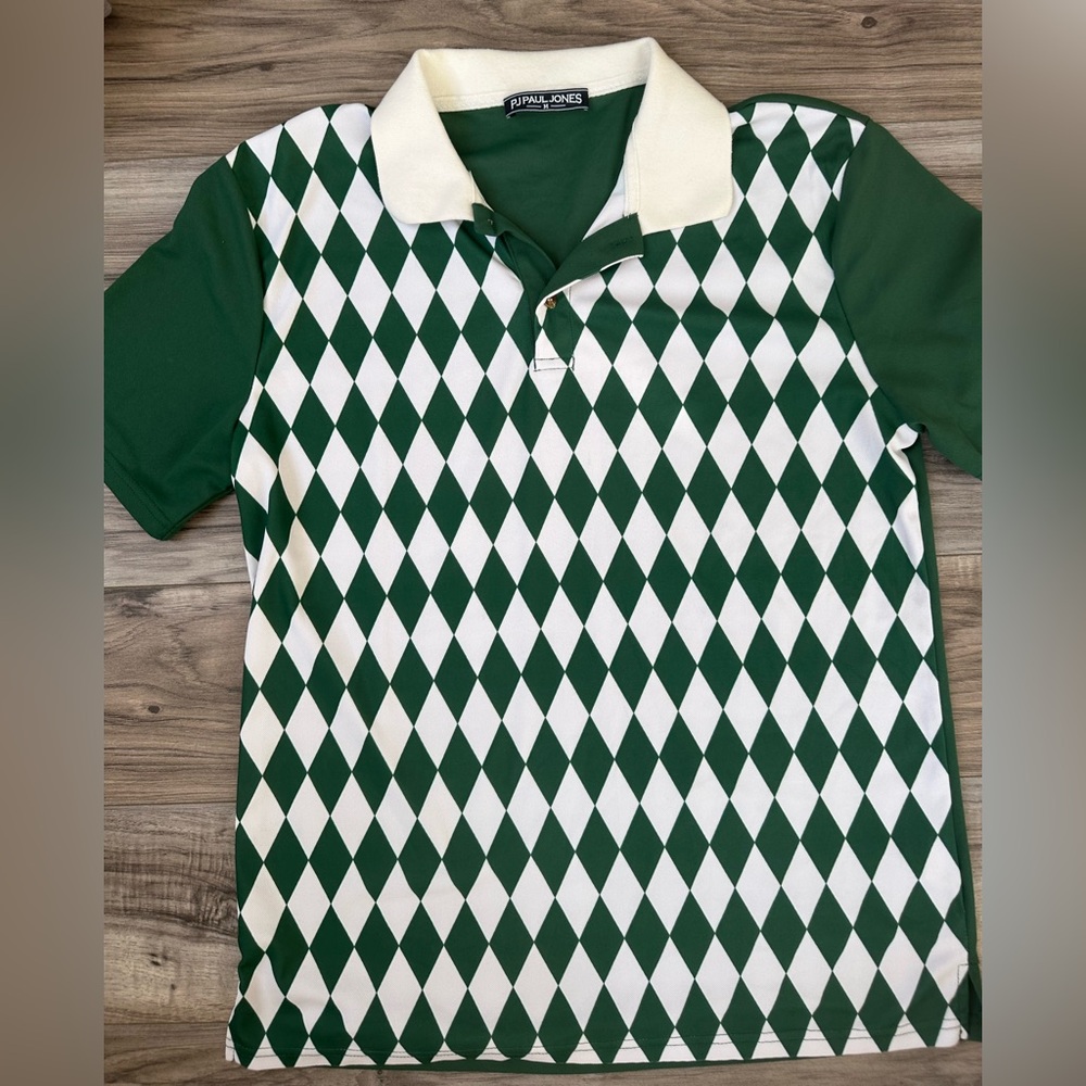 PJ Paul Jones Men’s Golf Polo Green and White Diamond Pattern Shirt Size Medium